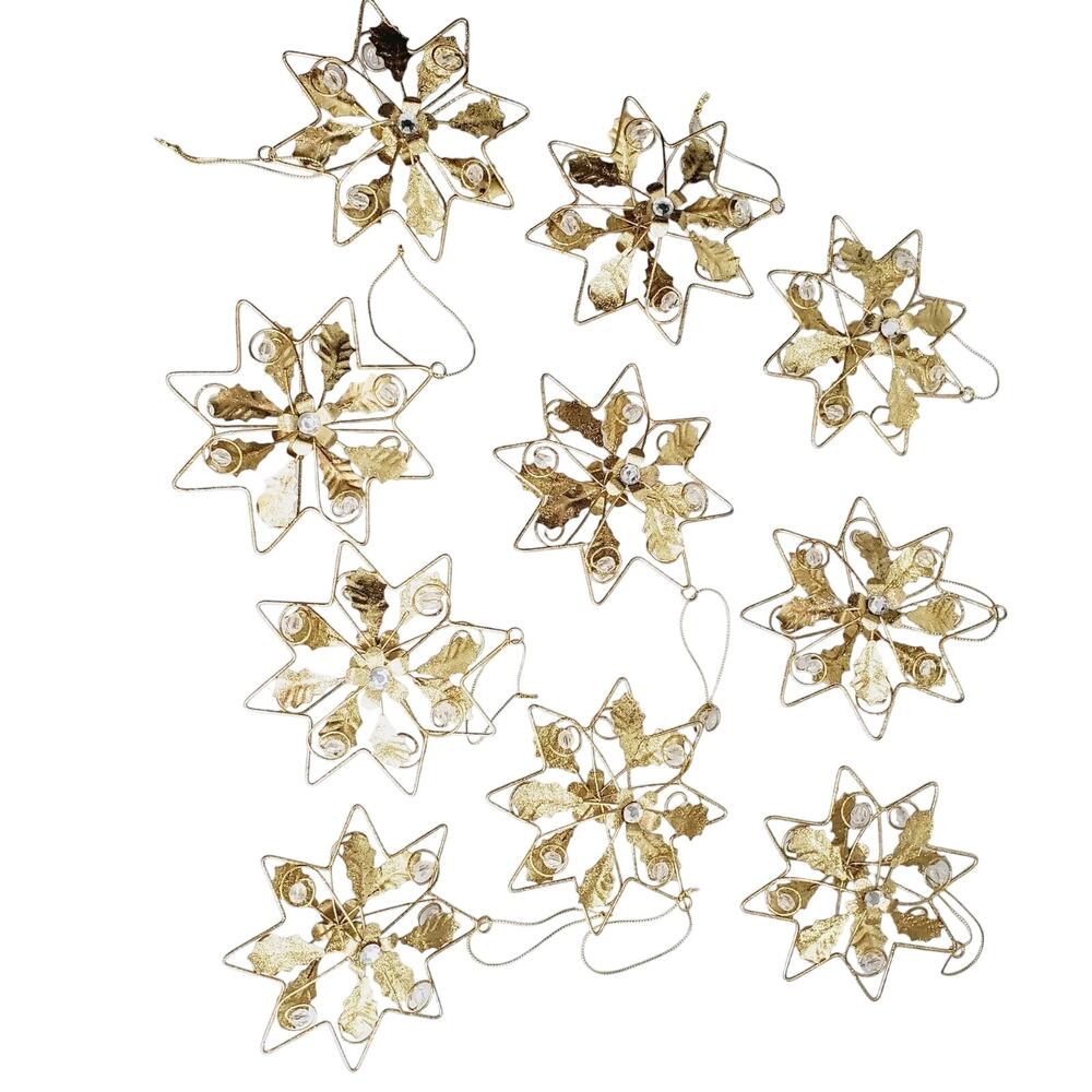 Vintage Jeweled & Beaded Floral 3D Cut Holiday Ornament X10 Gold 5" Stars MCM